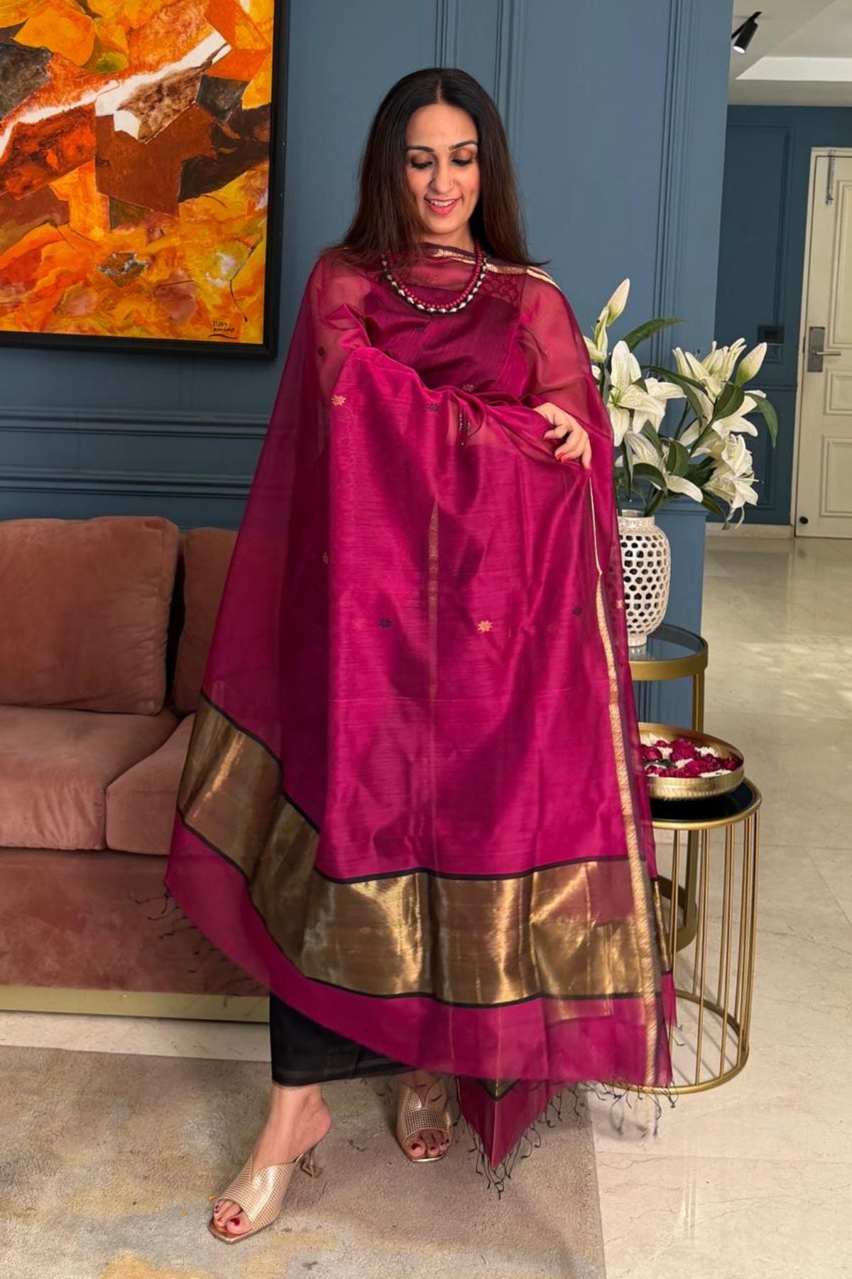 Maheshwari handloom silk by cotton kurta dupatta set